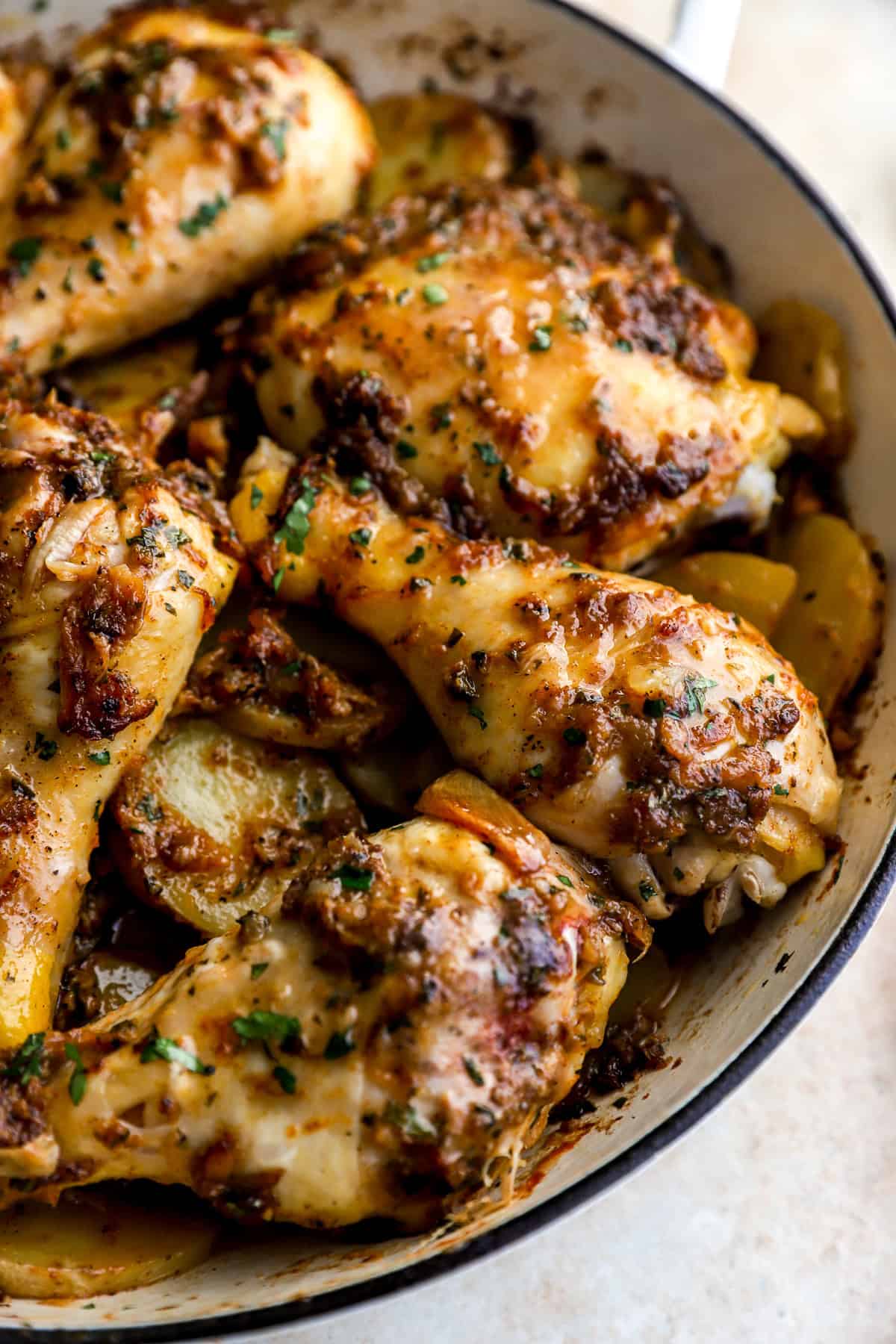 Garlic confit roasted chicken legs.
