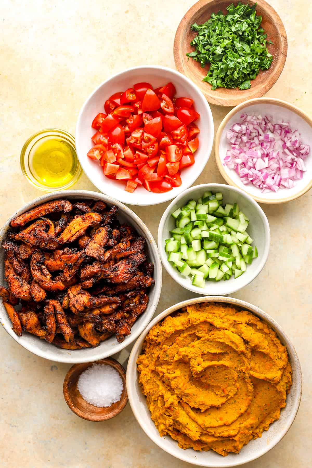 Ingredients to make loaded hummus dip with shawarma chicken.