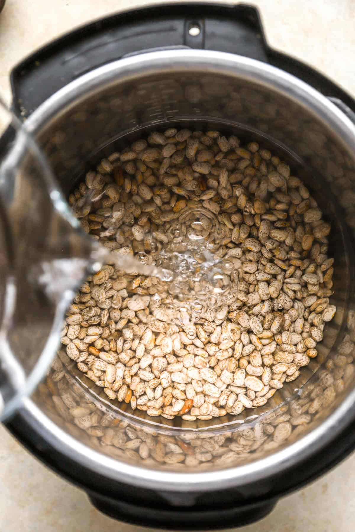 Water being poured over pinto beans in an Instant Pot.
