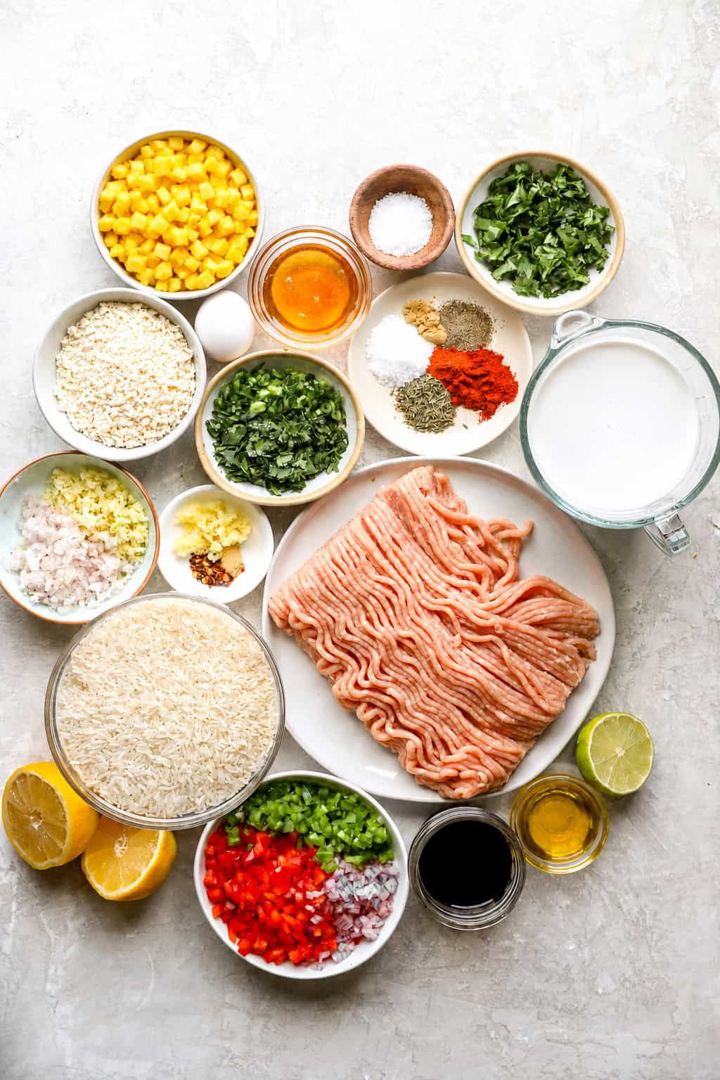 Ingredients to make honey garlic chicken meatballs with pineapple salsa.