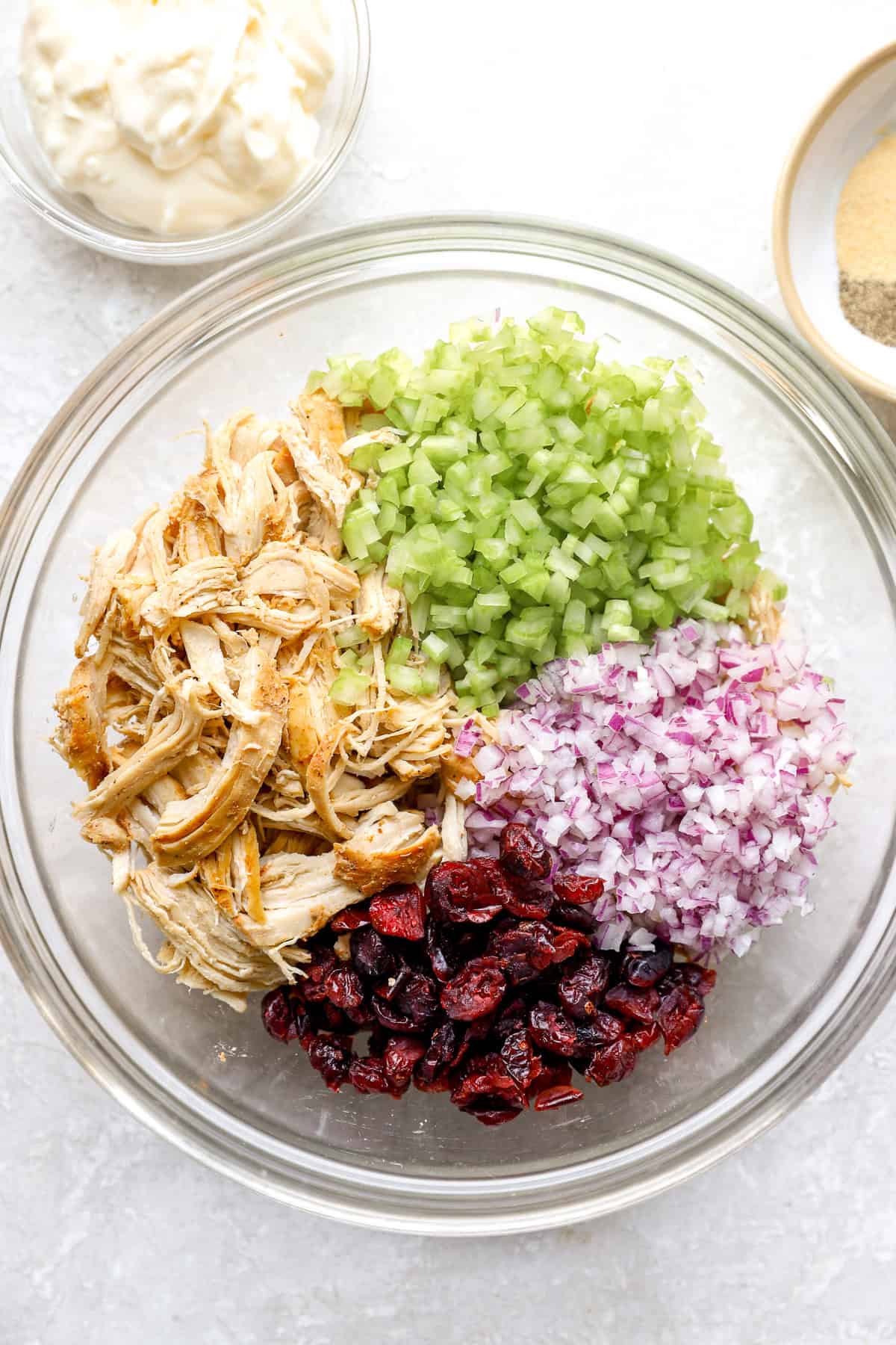 A bowl of shredded chicken, diced celery, diced red onions, and cranberries.