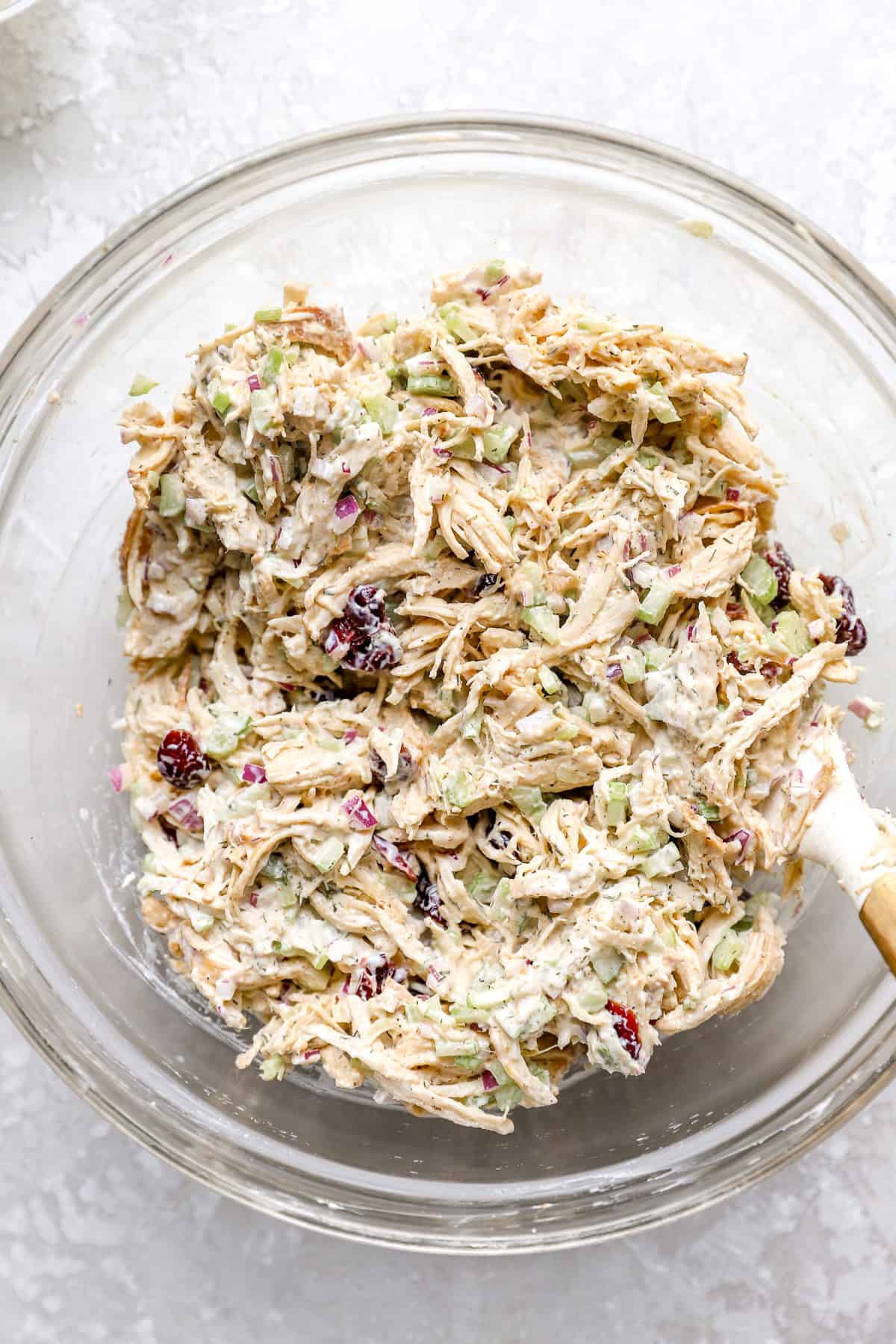 A bowl of classic chicken salad.