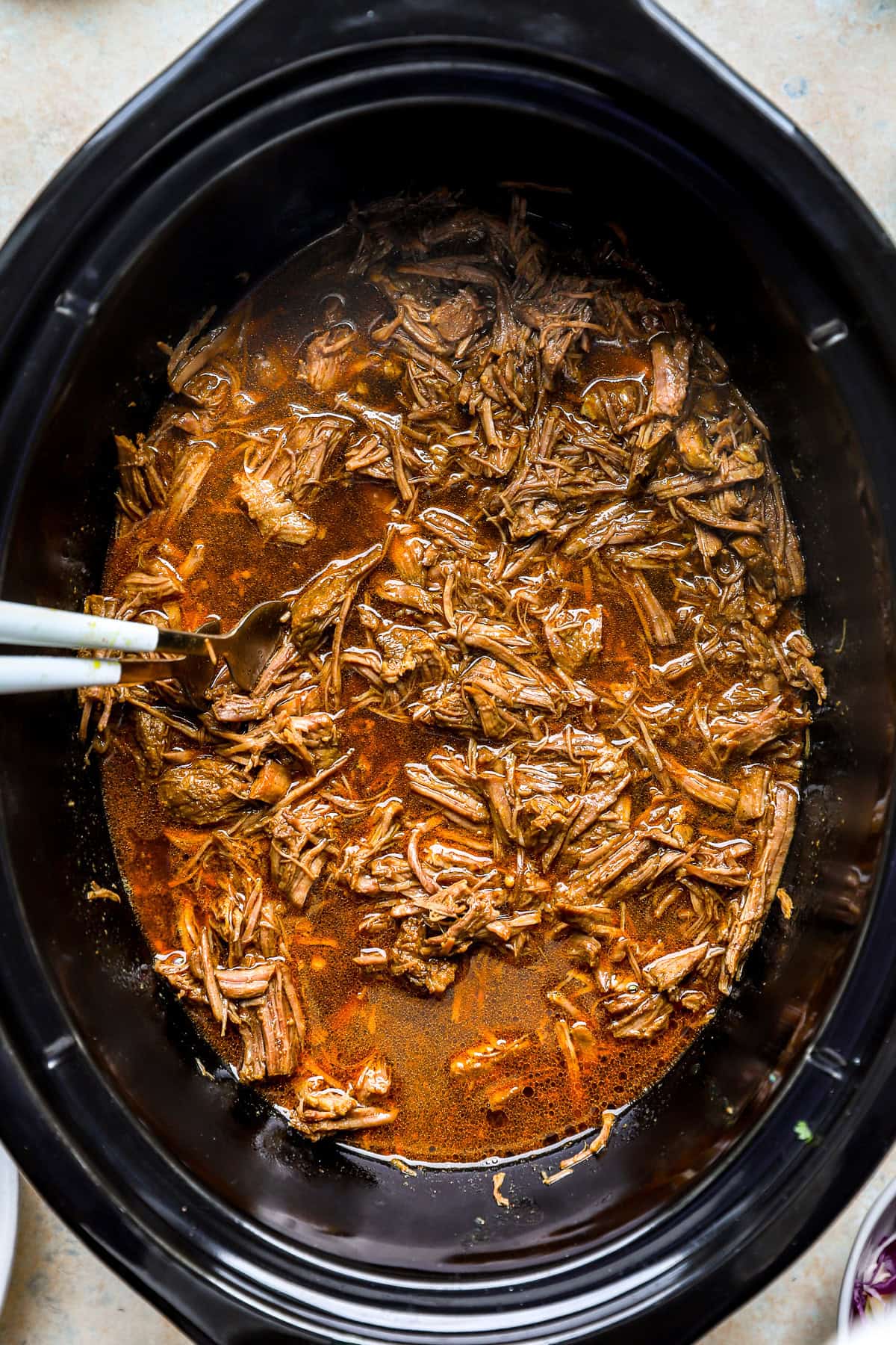 Slow cooker shredded beef.
