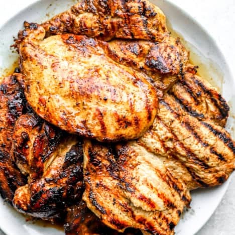 A plate of grilled balsamic chicken breast pieces.