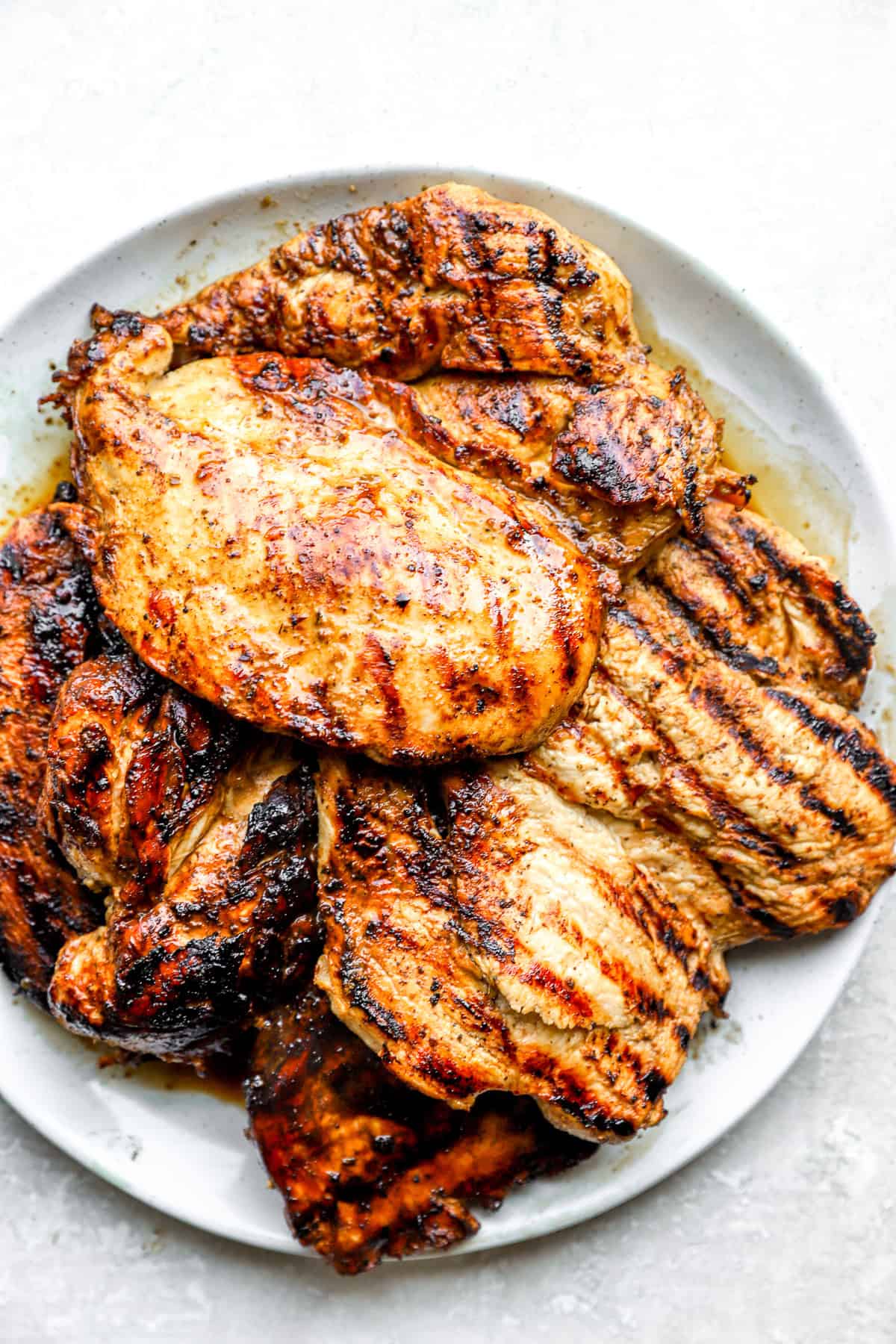 A plate of grilled balsamic chicken breast pieces.