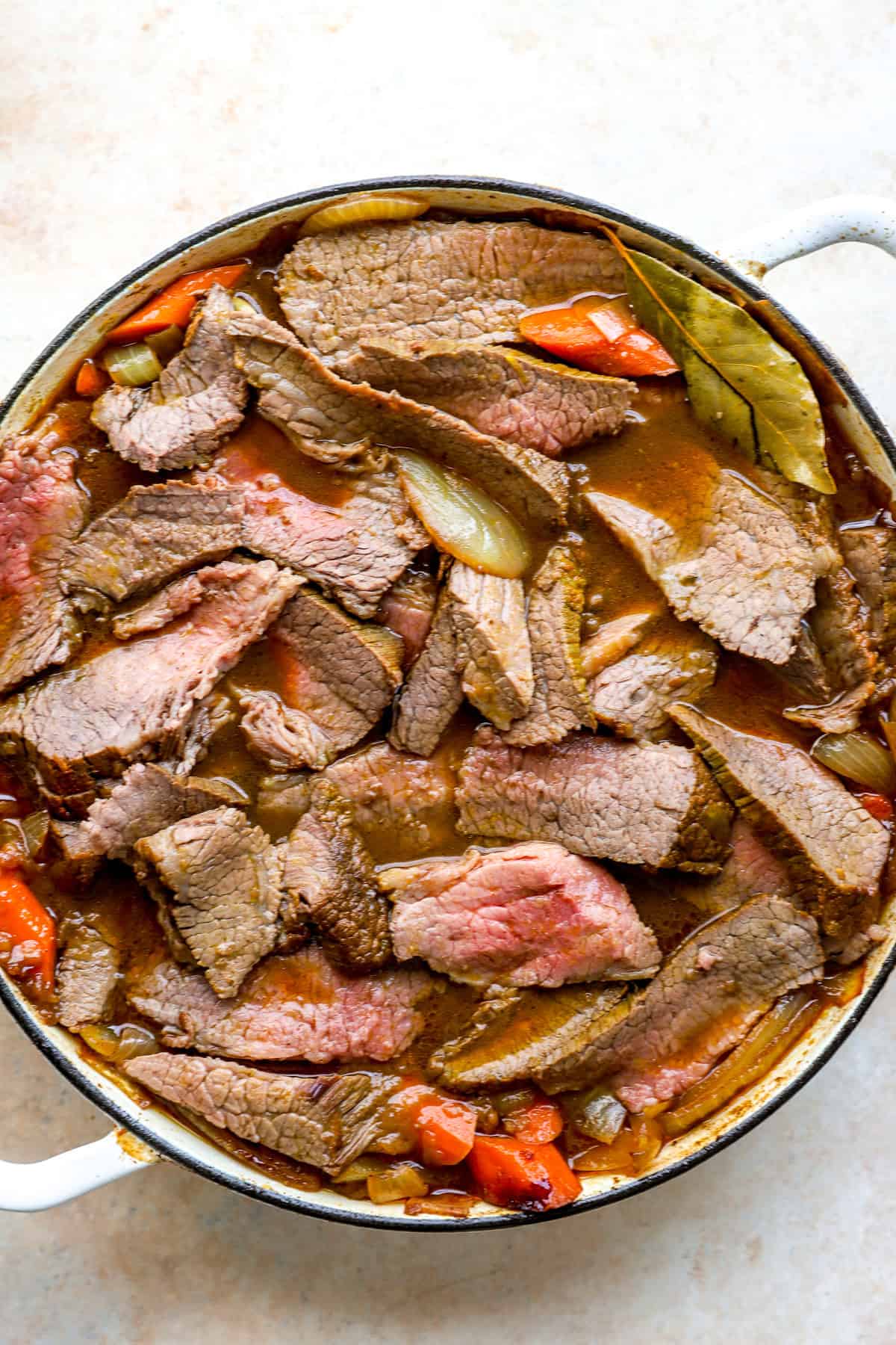 Shredded braised brisket.