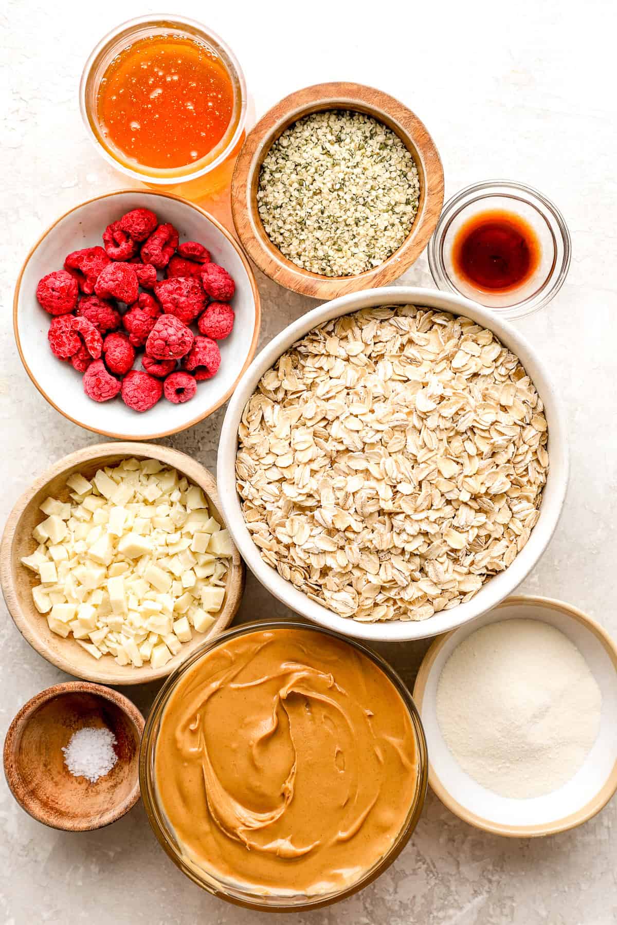 Ingredients to make raspberry white chocolate protein balls.