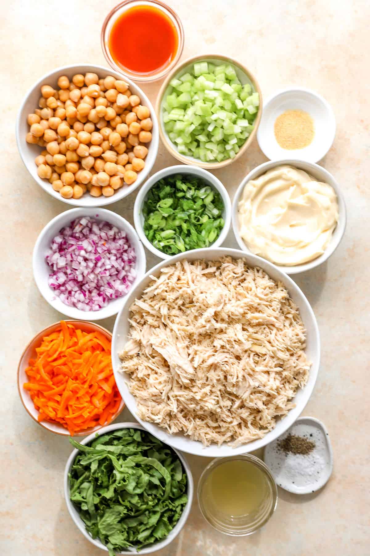 Ingredients to make buffalo chicken salad.