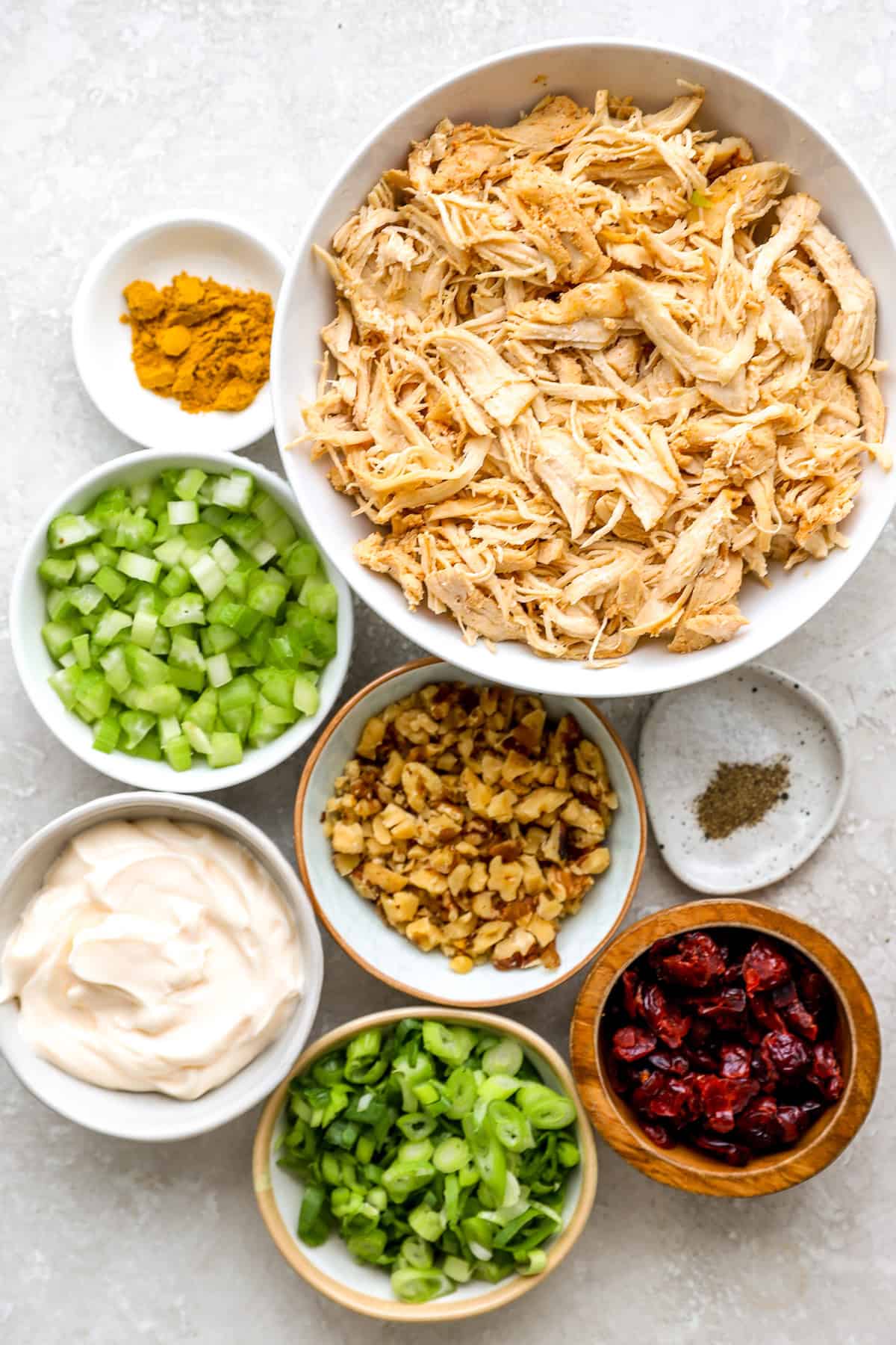 Ingredients to make curried chicken salad.