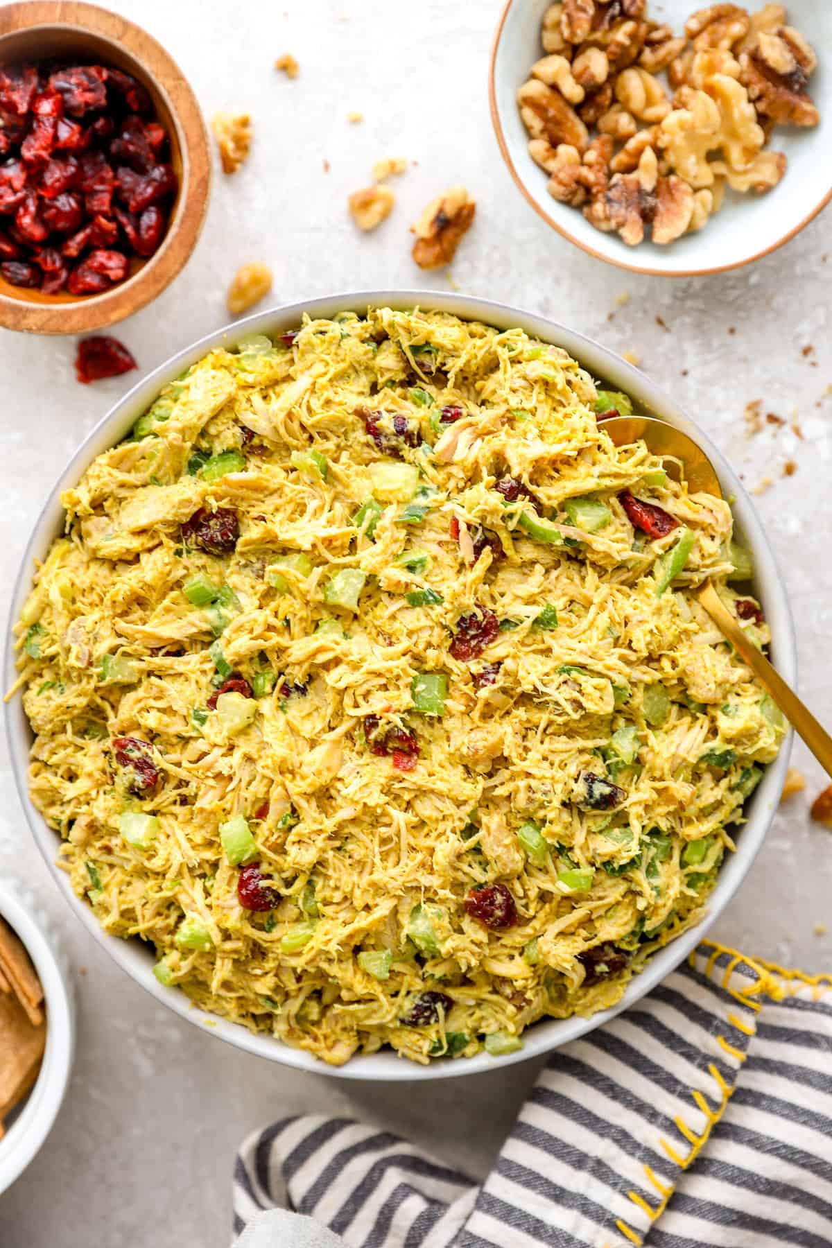 A bowl of curried chicken salad.