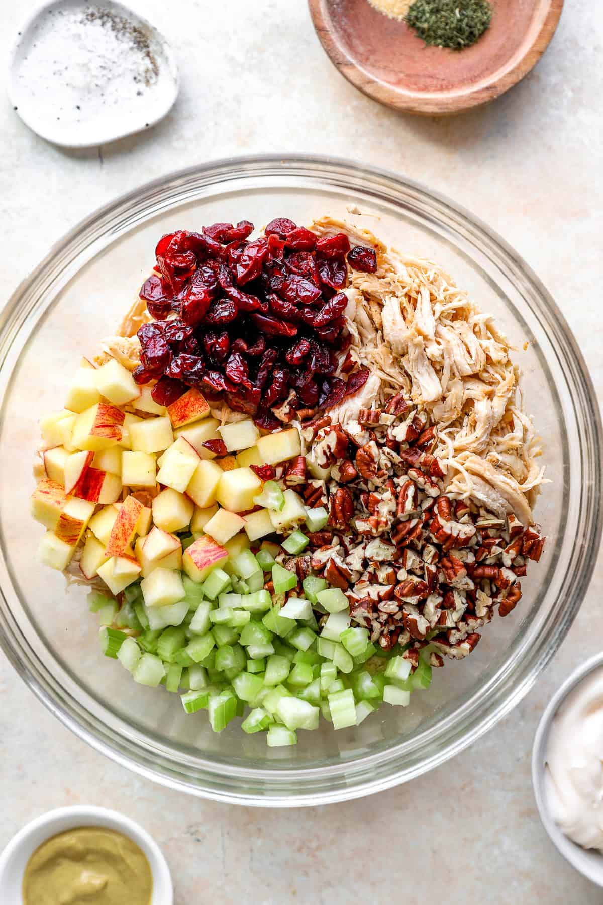 A bowl of shredded chicken, chopped nuts, celery, apples, and dried cranberries.