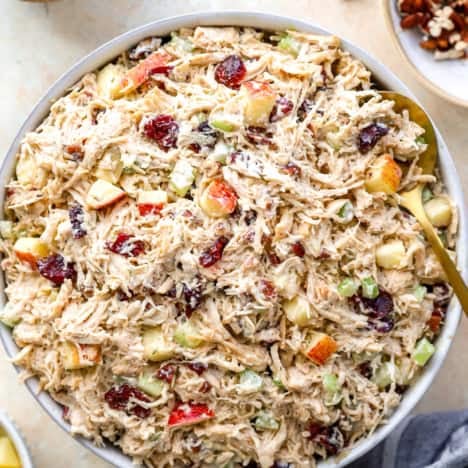 Harvest chicken salad in a bowl, a spoon sticking out.