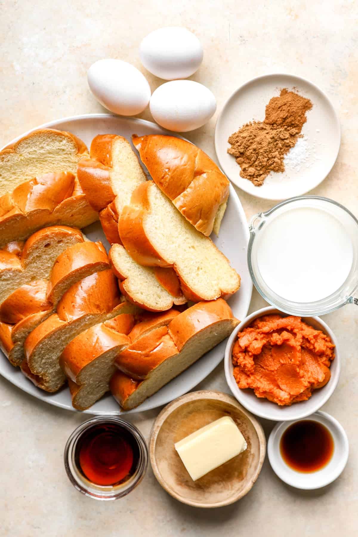 Ingredients to make pumpkin French toast.